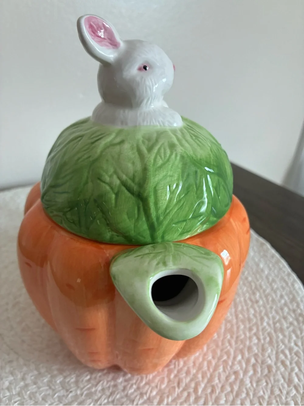 Ceramic Orange Pumpkin Teapot with Green Leaf Lid and White Bunny